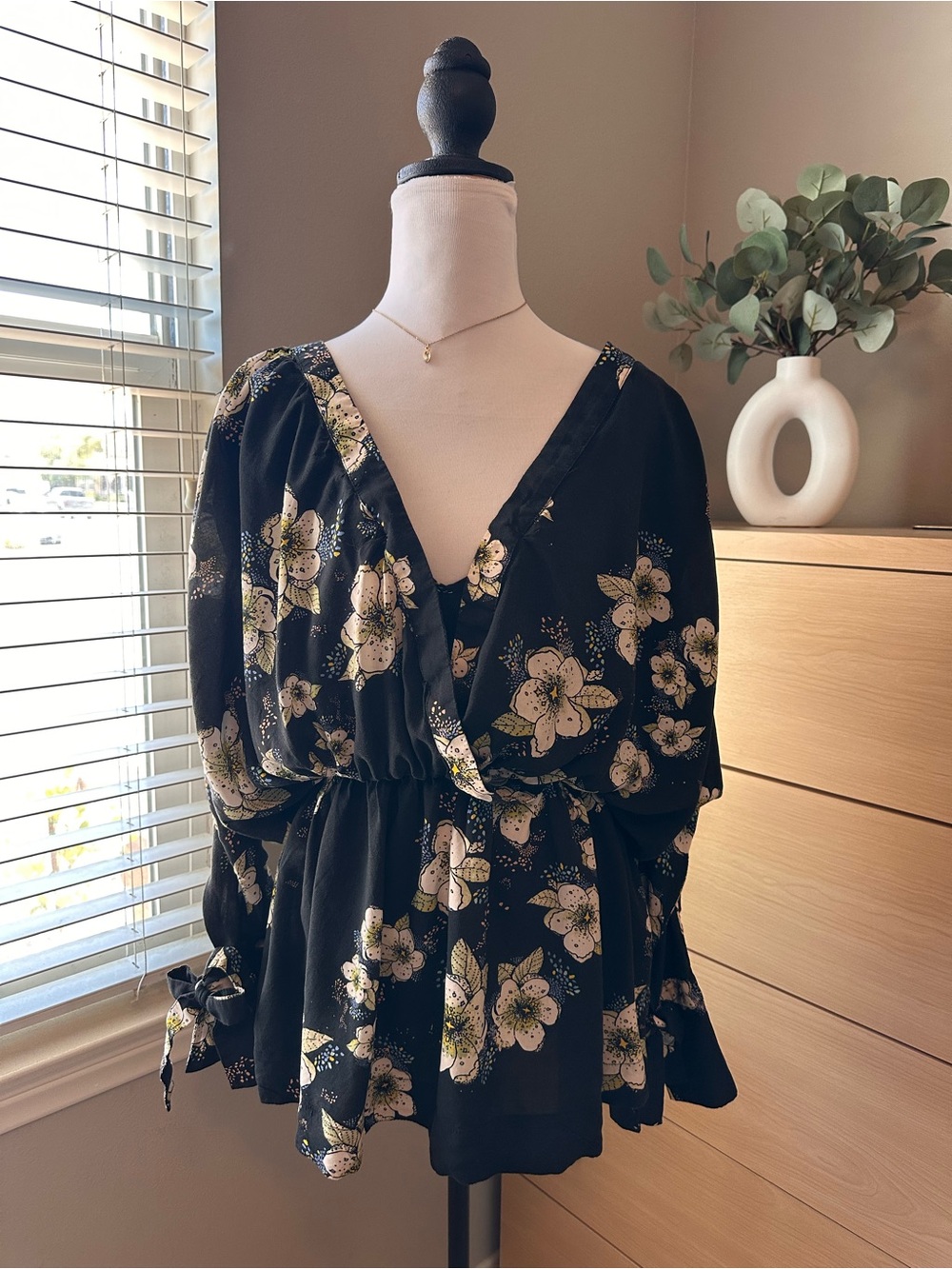 Free People Black Floral V-Neck Peplum Top with Yellow Accents